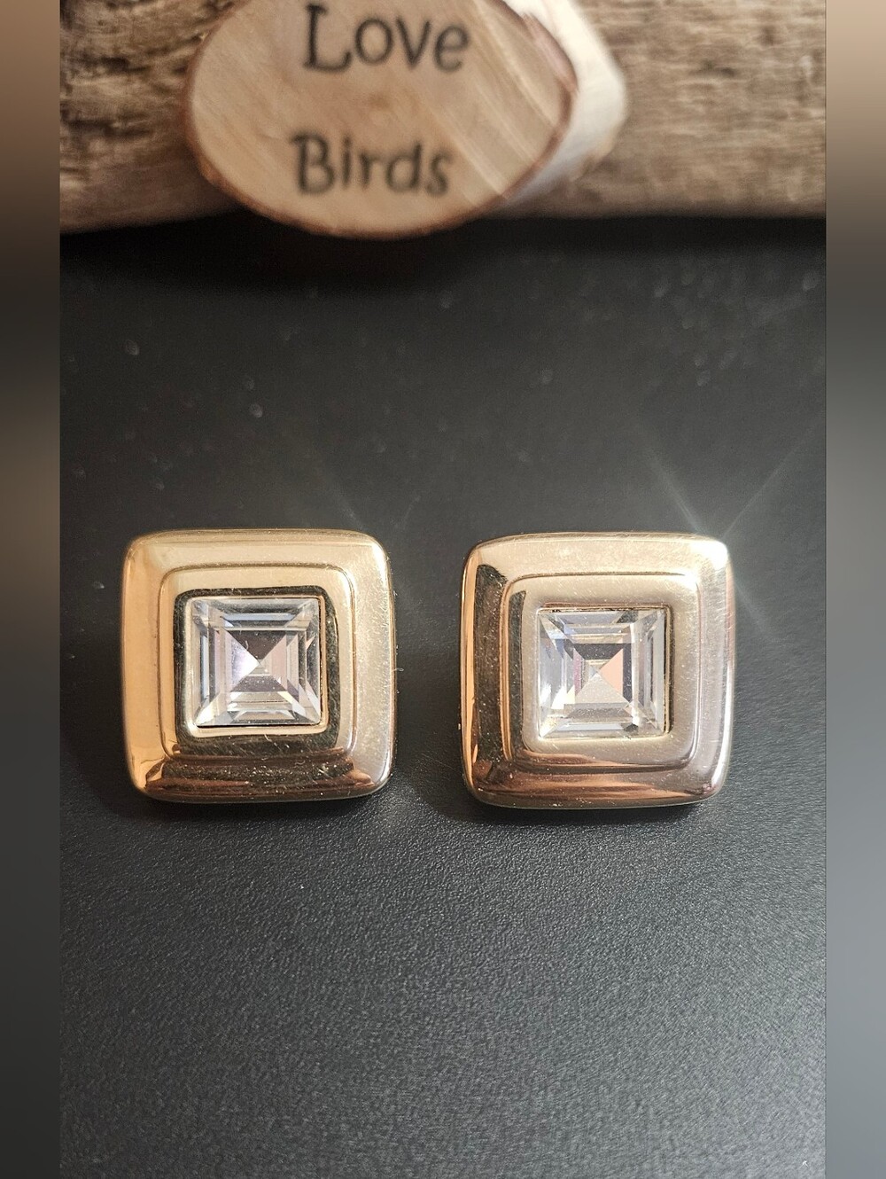 Vintage S.A.L SWAROVSKI Gold-Tone Square Stud Earrings Crysta Center Stone